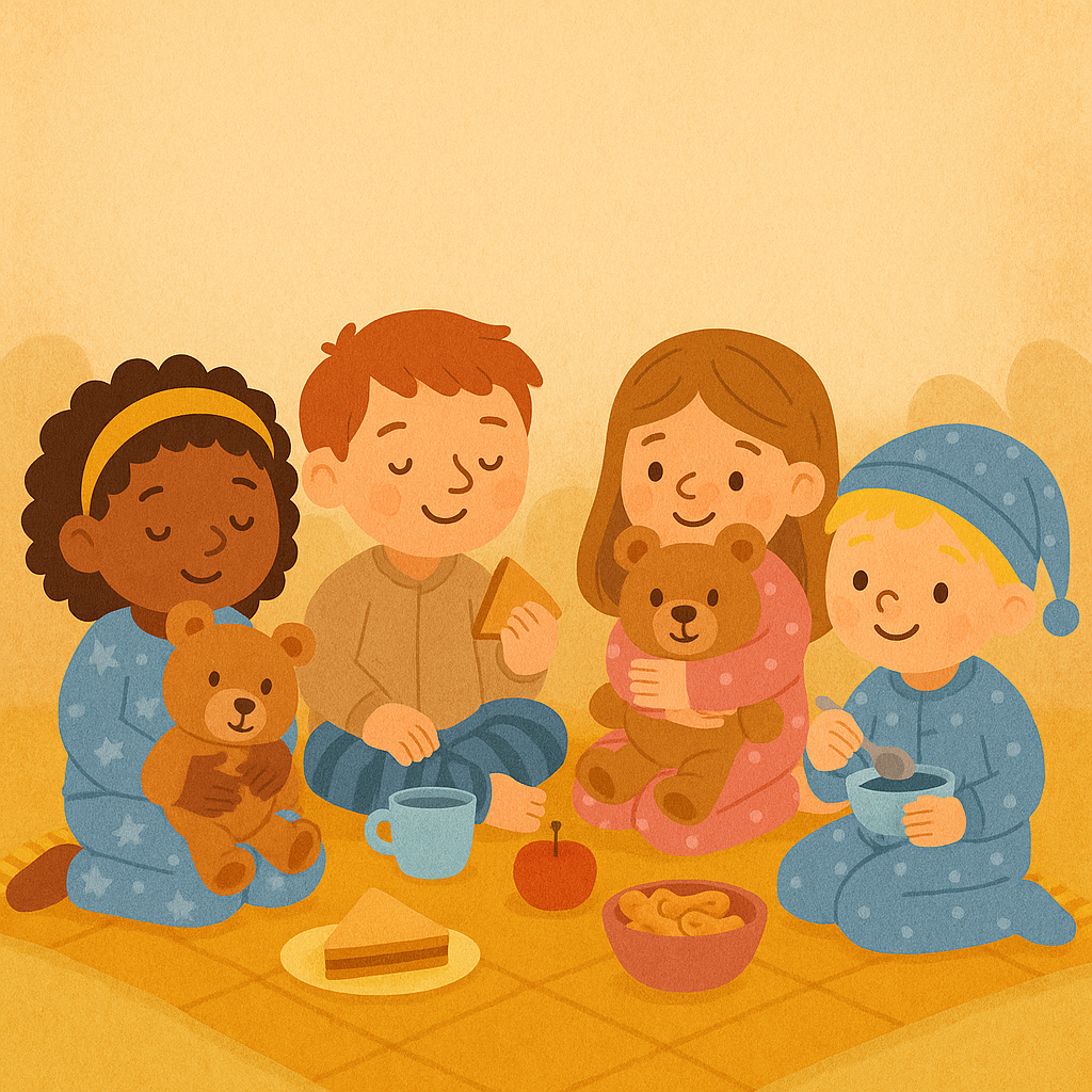 Children in pyjamas with teddies at a picnic – October half-term holiday club Newcastle