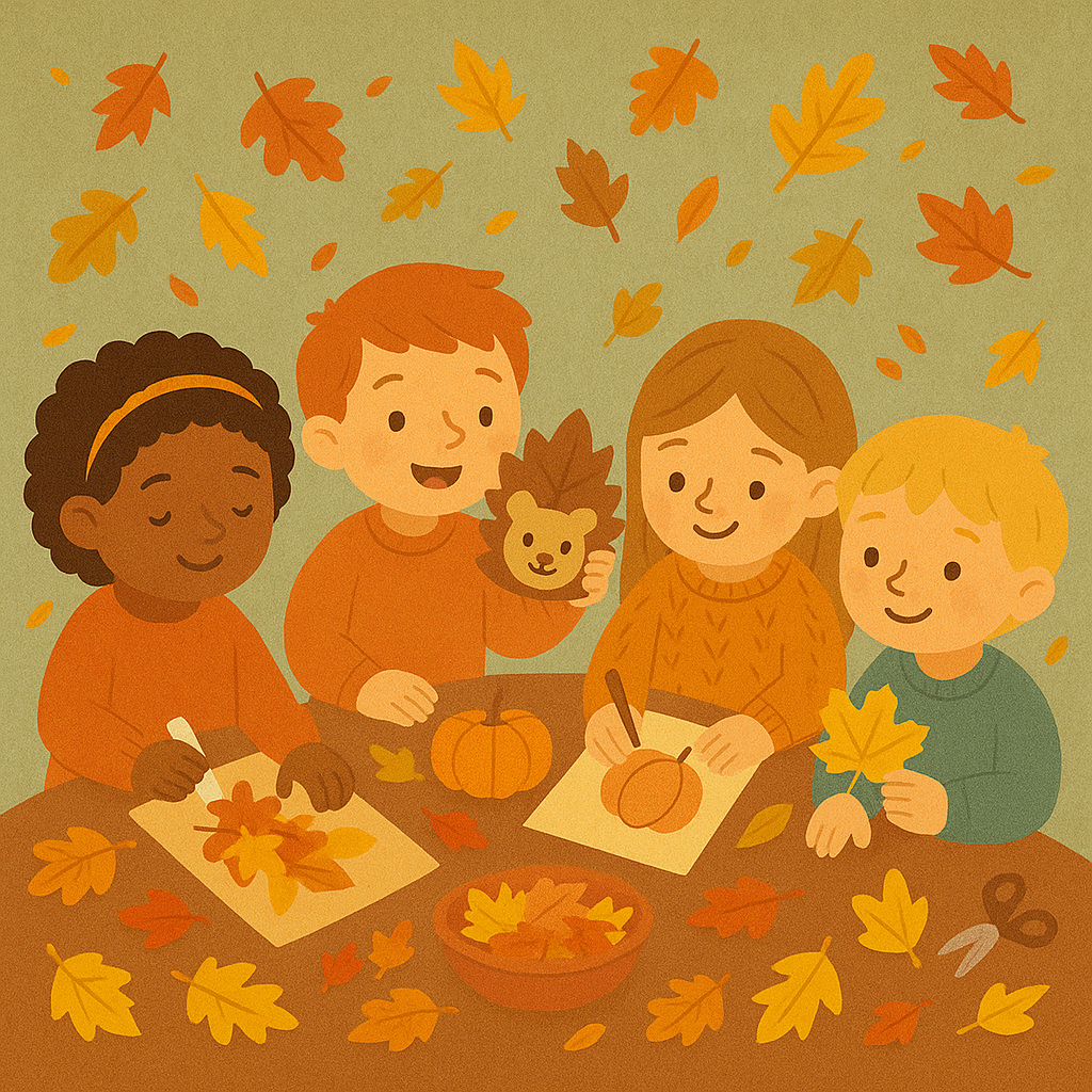 Kids creating autumn crafts with crunchy leaves – October half-term holiday club Newcastle