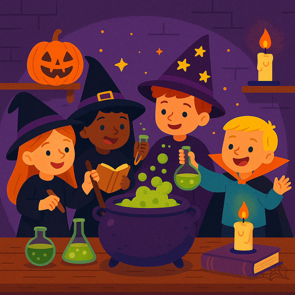 Kids in costumes making potions at a Halloween party – October half-term holiday club Newcastle